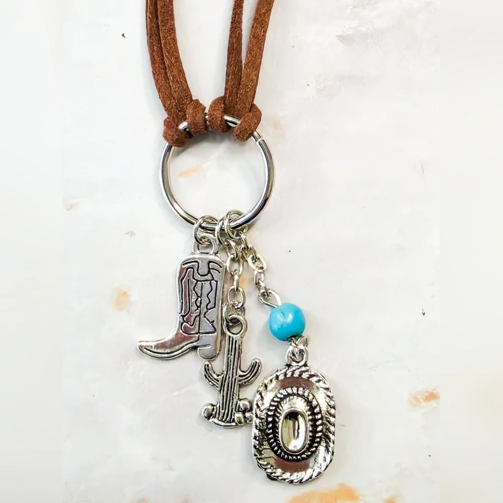 ​Brown Suede Western Choker Necklace Silver Cowboy Boot Hat & Cactus Charms